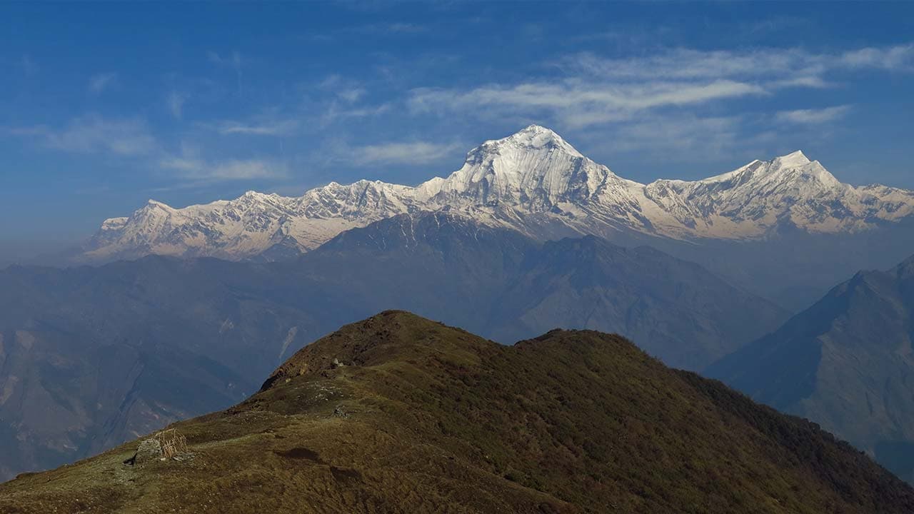 Snowy Dhaulagiri mountain peak above grassy Khopra Ridge during the Khopra Danda trek in Nepal.