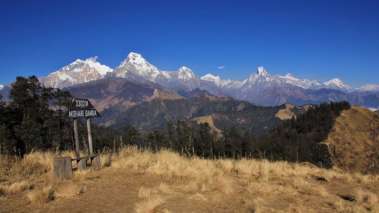 Breathtaking view of the Annapurna range from the 3,300m summit of Mohare Danda, Nepal.