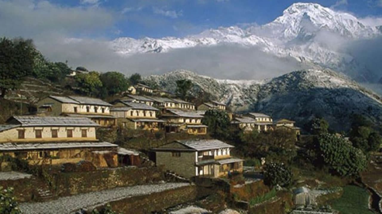 Traditional Sirubari houses with snowy mountain backdrop.