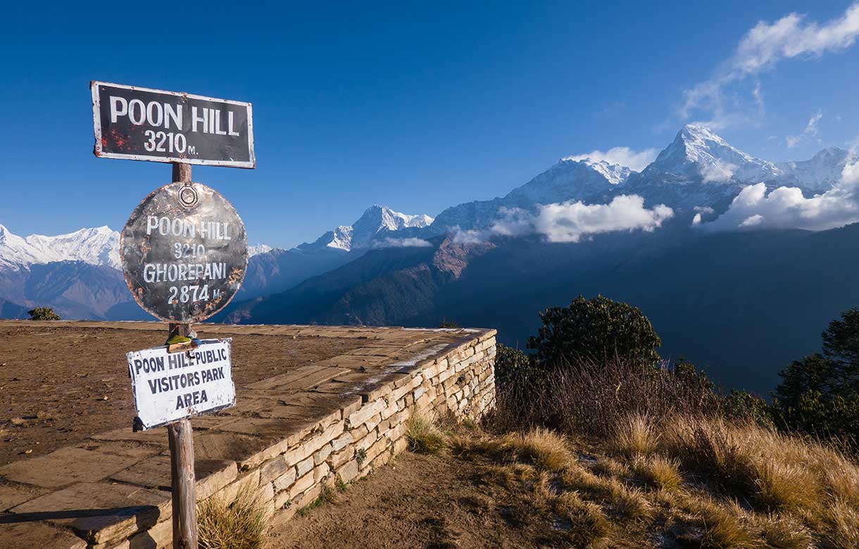 Wooden Poon Hill 3210m landmark sign at the public visitors park with snow-capped Annapurna mountains in the background under a blue sky.