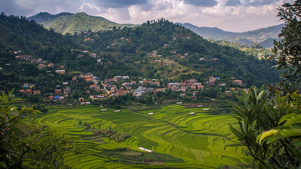 Green terraced farming fields and settlement of Balthali during the Balthali to Namobuddha Trekking.